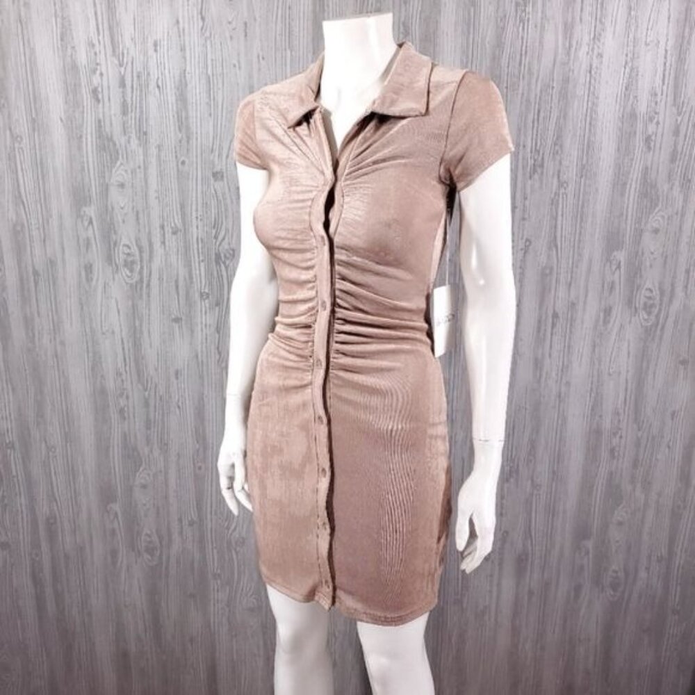 Ruched Slinky Andy Metallic Taupe Button Down Shirt Mini Dress With Jean - Picture 4 of 8